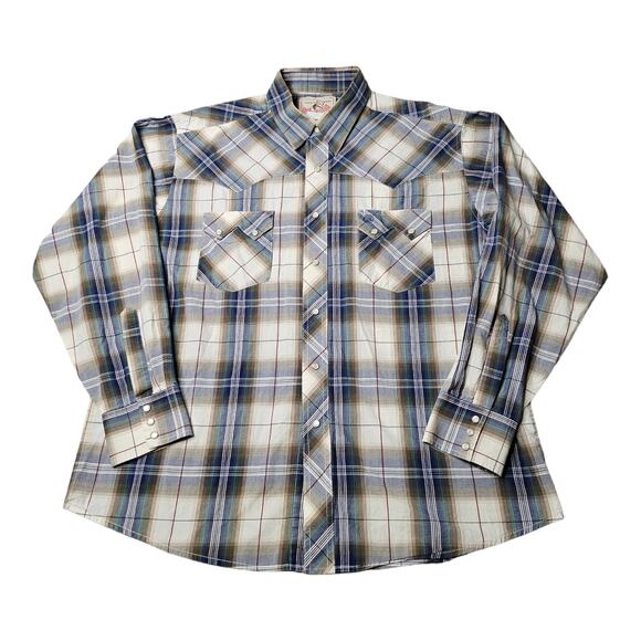 Vintage‎ Wrangler Shirt Mens Large Blue Green Plaid Pearl Snap Western Cowboy - Picture 1 of 9